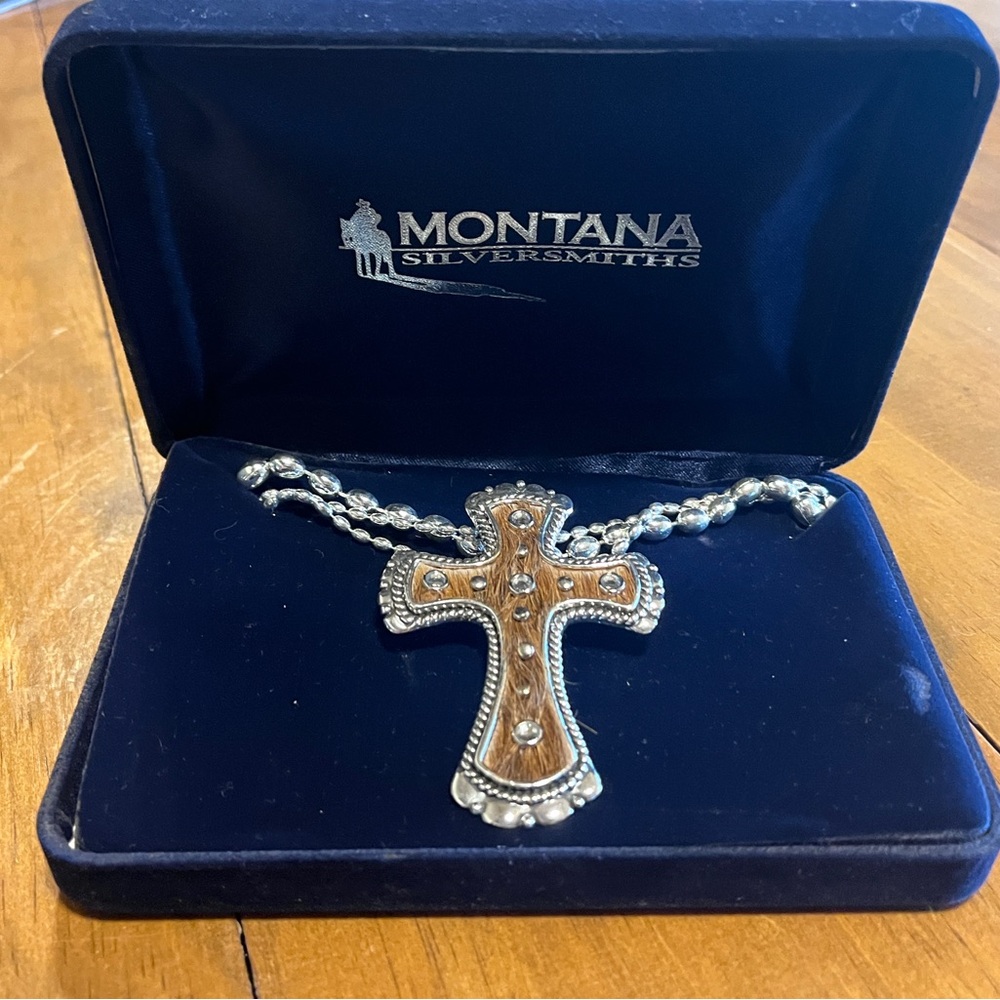 Montana Silversmiths Silver & Brindle Cowhide Cross Necklace